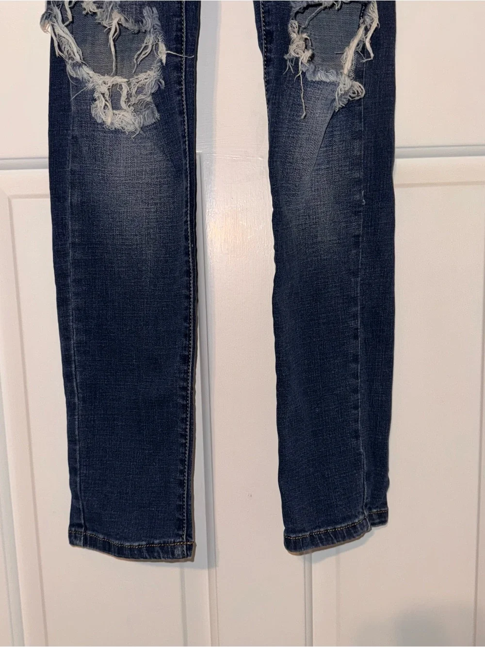 Machine Dark Blue Distressed busted skinny Denim Overalls 27